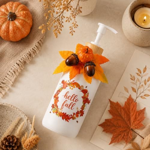 AnyDesign Hello Fall Soap Dispenser, with Artificial Leaves Pumpkin