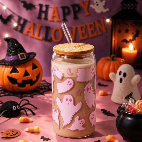 Halloween Ghost Gift for Women Pink Glass Cup with Lid and Straw