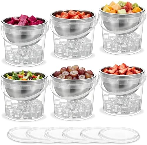 6 Pack 34 oz Chilled Dip Bowl and 68 oz Ice Bowl Base with Handle, Stainless Steel Ice Chilled Serving Dish Iced Salad Bowl Set for Chilled Pasta Salads Dips Potato Dressing BBQ Party Favor
