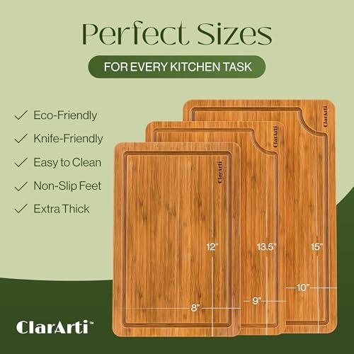 Bamboo Cutting Boards for Kitchen – Set of 3 Non-Slip Wood Cutting