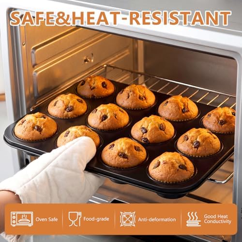 Domensi 4 Pcs Muffin Pan 12 Cup Carbon Steel Cupcake Baking Pan
