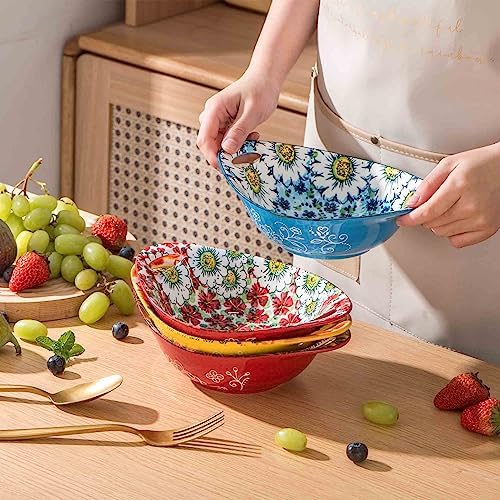 Henten Home Ceramic 19 oz Salad Bowls, Boho Soup Bowl with Handle, Set