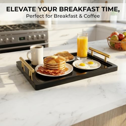 PEKER Wooden Serving Tray with Metal Handles, Black Decorative Coffee