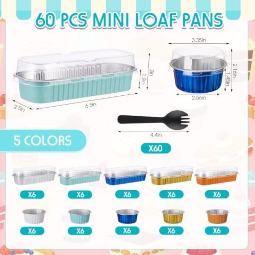 Blushtier 180 Pcs/60 Set Mini Loaf Cake Pans with Lids,Blue and Orange