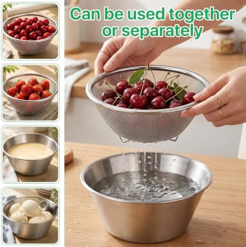 4 Pcs Mini Colander & Food Strainer with Fork & Spoon, 304 Stainless