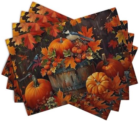 Pumpkin Maple Leaf Bird Fall Placemats Set of 4 Autumn Thanksgiving