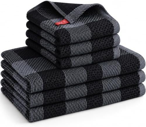 Mordimy 100% Cotton Kitchen Towels and Dishcloths Set of 6, Black &