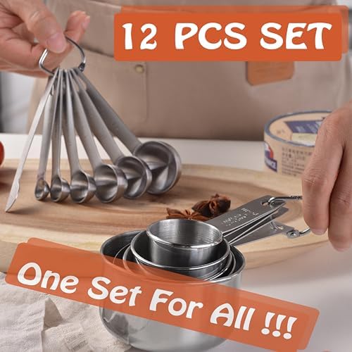 Stainless Steel Measuring Cups & Spoons Set, 12 Pieces Kitchen