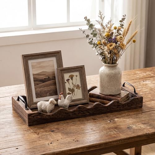 4 Pcs Scalloped Rustic Wooden Serving Trays with Handle, Brown