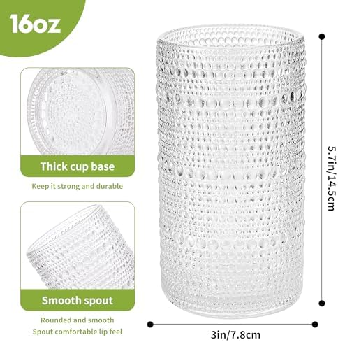 Large Vintage Hobnail Drinking Glasses Set of 6, 16oz Clear Highball