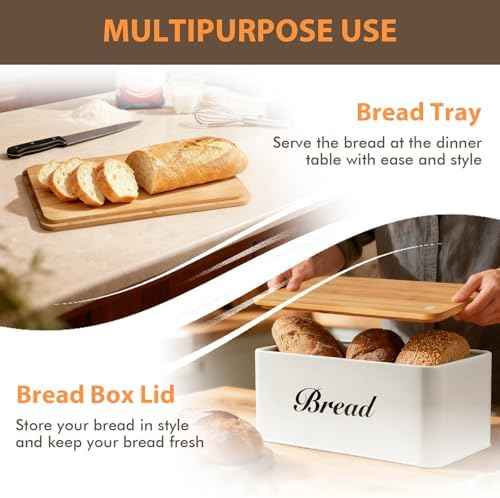 RYTOXILO White Bread Box for Kitchen Countertop, Metal Breadbox with One-Way Degassing Valve Bamboo Lid, Bread Storage Boxes Container for Homemade Bread, Sourdough Food Cutting Board
