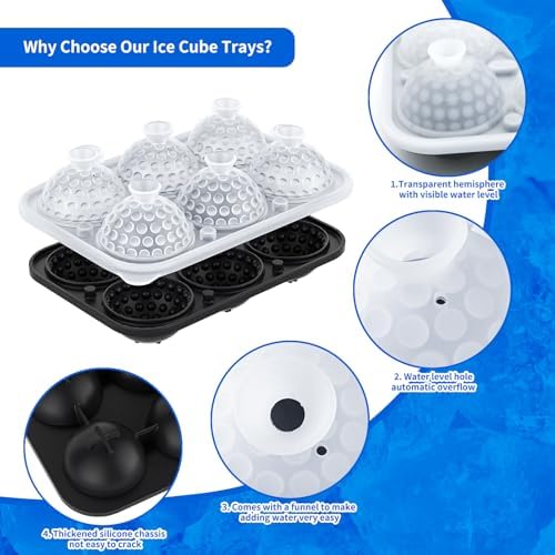 6 Chamber 2.2" 3D Golf Gifts Ice Cube Tray With Funnel,Large Round Ice