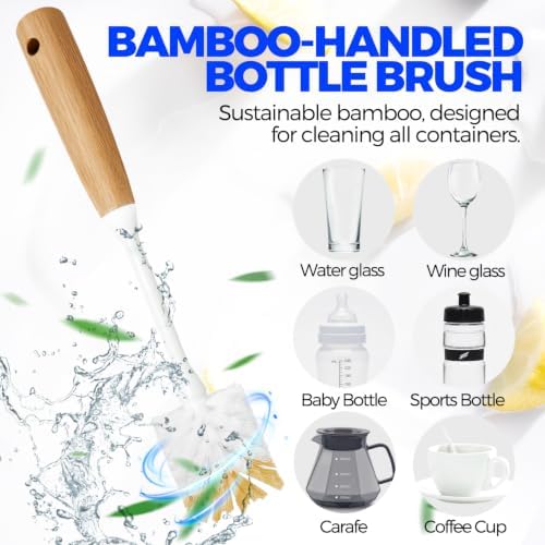Holikme 5 Pack Bamboo Dish Brush with Handle 14" Bottle Brush Straw
