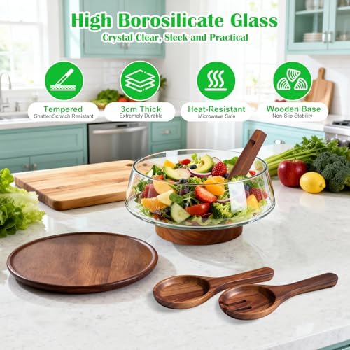Extra Large Glass Salad Bowl with Lid Set, 5-Qt (160 fl oz)