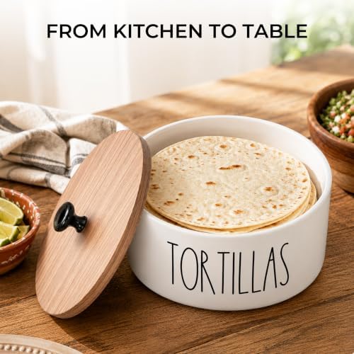 Tortilla Warmer with Lid — Ceramic Tortilla Holder with Wood Lid