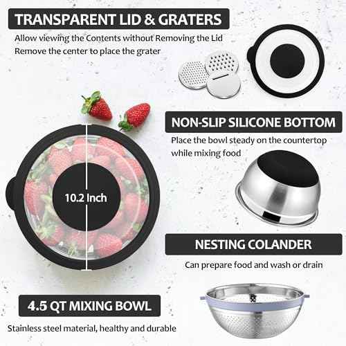 E-far Colander with Mixing Bowl Set, 4-1 Stainless Steel Kitchen Strainer
