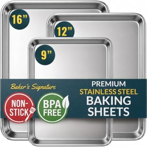 Stainless Steel Cookie Sheet Set of 3, 9/12/16" Baking Sheet Pans