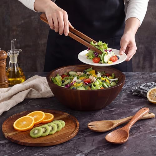 Domensi Large 12"x4.72" Acacia Wood Salad Bowls with Lid, 3 Serving