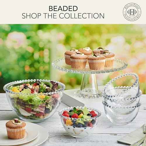 Fitz & Floyd Beaded Large Glass Cake Stand, 10.75 Inch Clear Glass