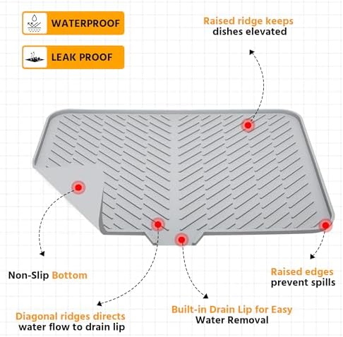 Luxet Silicone Dish Drying Mat with Built-in Drain Lip - Hygienic