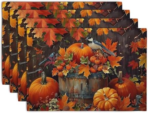 Pumpkin Maple Leaf Bird Fall Placemats Set of 4 Autumn Thanksgiving