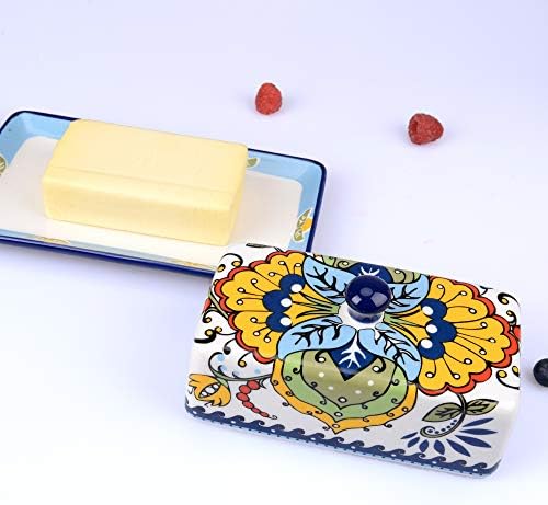 NAGU Hand Drawn Ceramic Butter Dish with Lid, Farmhouse Butter Plate