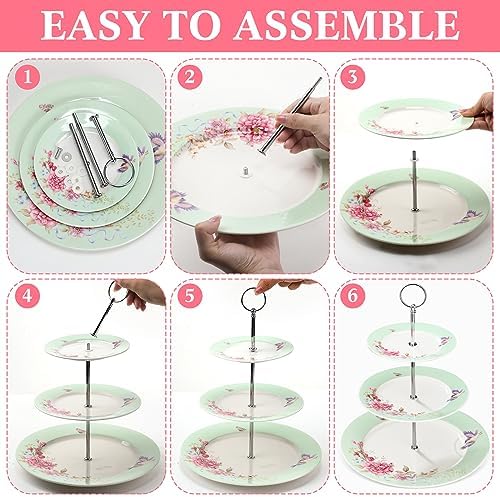 Dandat 4 Pcs 3 Tier Tea Party Cake Stand Floral Ceramic Cupcake