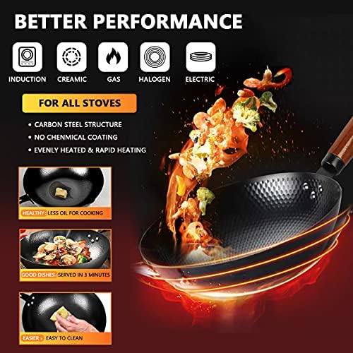 14 Piece Carbon Steel Wok Pan, Woks & Stir-Fry Pans Set with Wooden