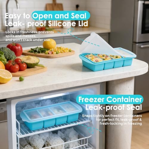 Silicone Freezer Tray with Lid, 4 Compartment Food Storage Container