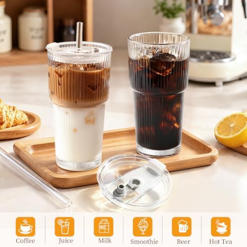Iced Coffee Cups with Lids,Glass Cups with Lids and Straws,3 Coffee