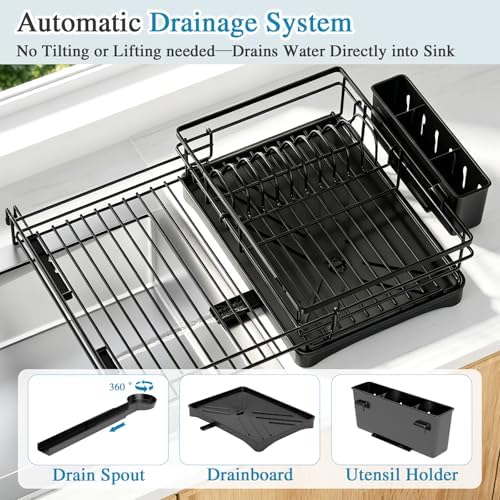 Expandable Dish Drying Rack for Kitchen Counter, Large Capacity Dish Rack with 360° Rotatable Drain Spout & Utensil Holder, Stainless Steel Dish Drainer for Kitchen Sink, Black