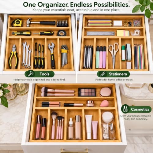 PINTUS 7-Slot Bamboo Cutlery Drawer Organizer, Medium Utensil Tray