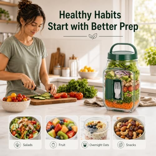 34 Oz(1L) Salad Jar with Side Opening, Salad Pod with Built-in Fork &