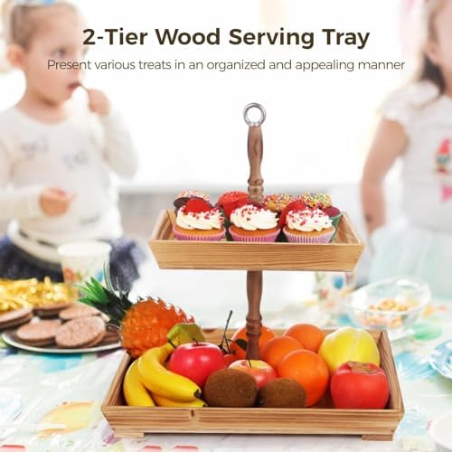 Wood Tray, Farmhouse Serving Stand with Metal Handle, 2-Tier Rustic