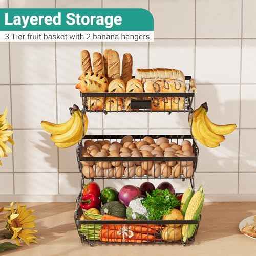 3 Tier Fruit Basket for Kitchen Counter with 2 Banana Hangers, Countertop Metal Fruit Bowl with Wooden Handle, Large Storage Stand for Vegetables, Snacks, Breads, Produce Storage – Black