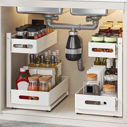 HABITLLO Under Sink Organizer, 2 Tier Bathroom Cabinet Organizer with Adjustable Height, Sliding Cabinet Basket Organizer Drawer for Kitchen, Bathroom, Laundry, Pantry