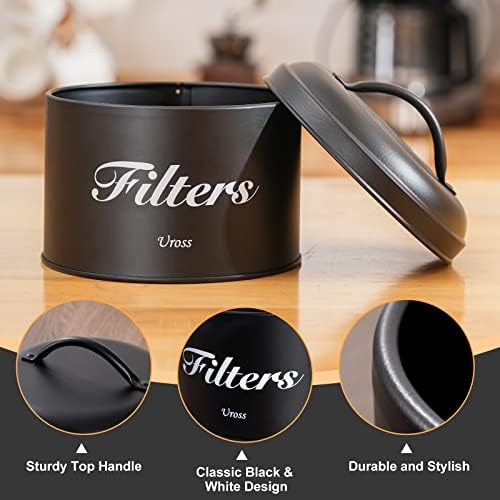 Uross Coffee Filter Holder Storage with Lid- Rustic Container Basket