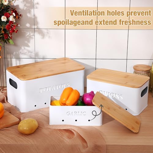 Honeydak 3 PCS White Potato Onion Garlic Storage Bins Set, Metal