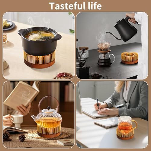 Teapot Warmer, Aluminum Tea Warmer with Wooden Base, Candle Heater for