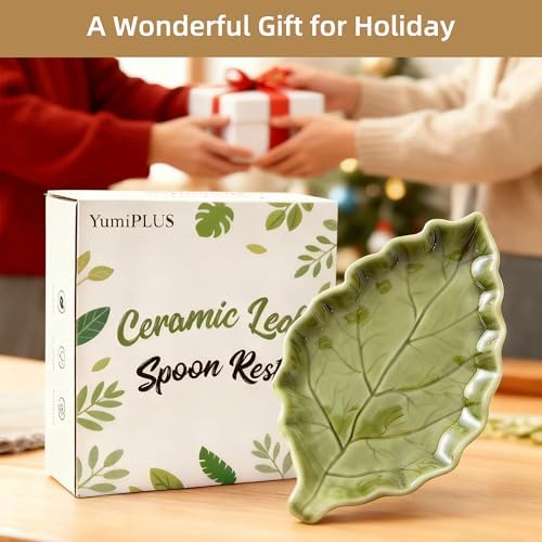 Ceramic Leaf Shape Spoon Rest, Farmhouse Spoon Holder, Green, 1PC