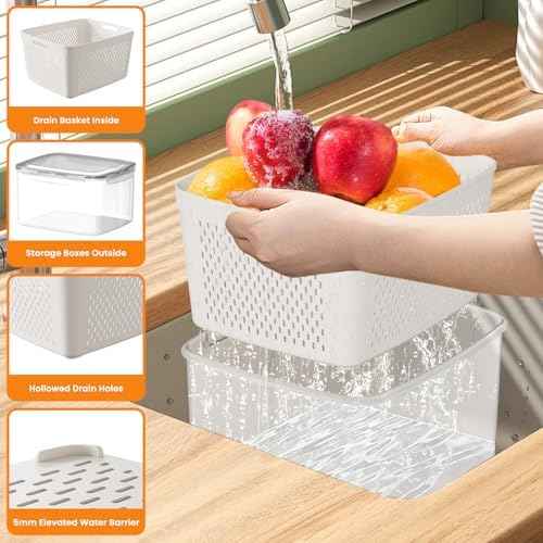 Fruit Storage Containers for Fridge, 5-Piece Set with Drain Basket