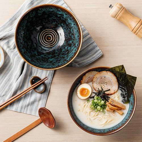8 Inch Ceramic Ramen Bowl Set of 2, 40oz Japanese Bowls with Spoons &