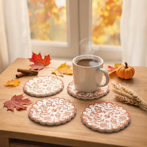 Fall Ceramic Drink Coasters Set 4 Scalloped Edge Flowers Birds Fruits