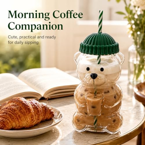 Cute Bear Glass Tumbler with Lid and Straw, 20 oz, Green