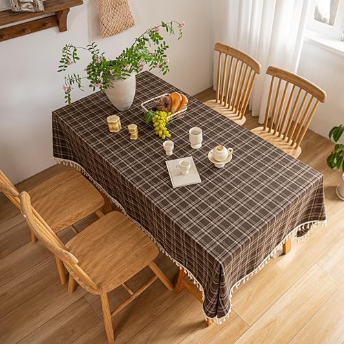 Farmhouse Plaid Tablecloth with Tassel Fringe, Polyester Cotton Rustic
