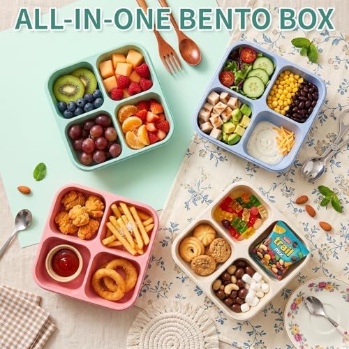 buluker 4 Pack Bento Snack Containers Set, 4 Compartment Food Storage