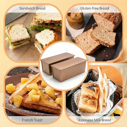 2 Pack Pullman Loaf Pan with Lid - 2.2LB Non-Stick Bread Pan, Carbon