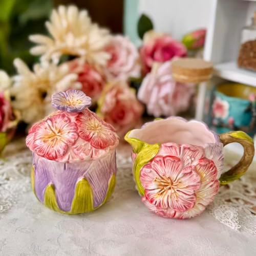 Floral Ceramic Sugar & Creamer Set - 3D Hand-Painted Cherry Blossom