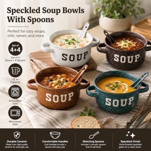 ZENVY Soup Bowl Set of 4 | Ceramic Soup Bowls and Spoons | 22 Ounce