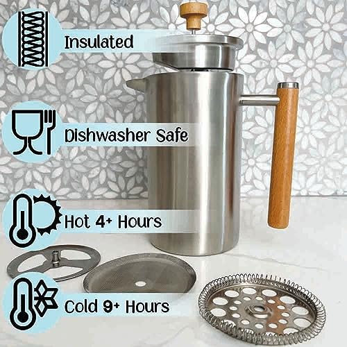 Stellar Living Stainless Steel French Press, 34 OZ, Matte Silver